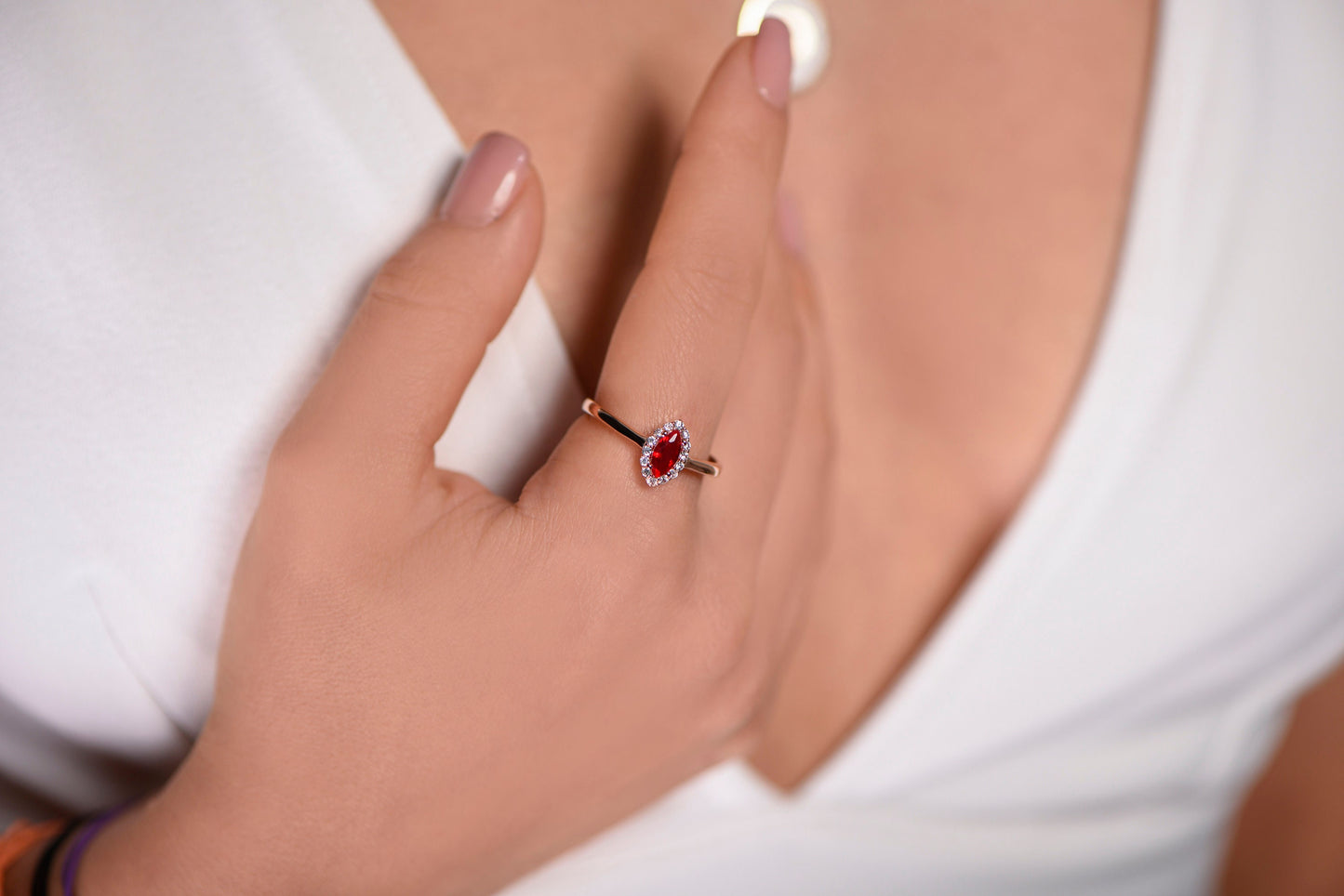Marquise Ruby and Diamond Halo Ring in 14k Rose Gold – Romantic Vintage Engagement or Gift for Her