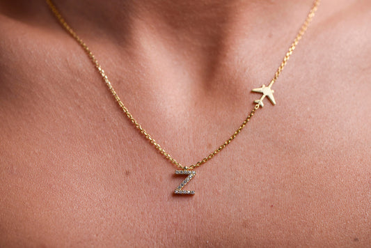 Elegant Solid Gold Airplane Chain Letter Pendant-Unique Aviation Jewelry-Pilot and Stewardess Necklace-Sky Necklace-Christmas Gift Necklace