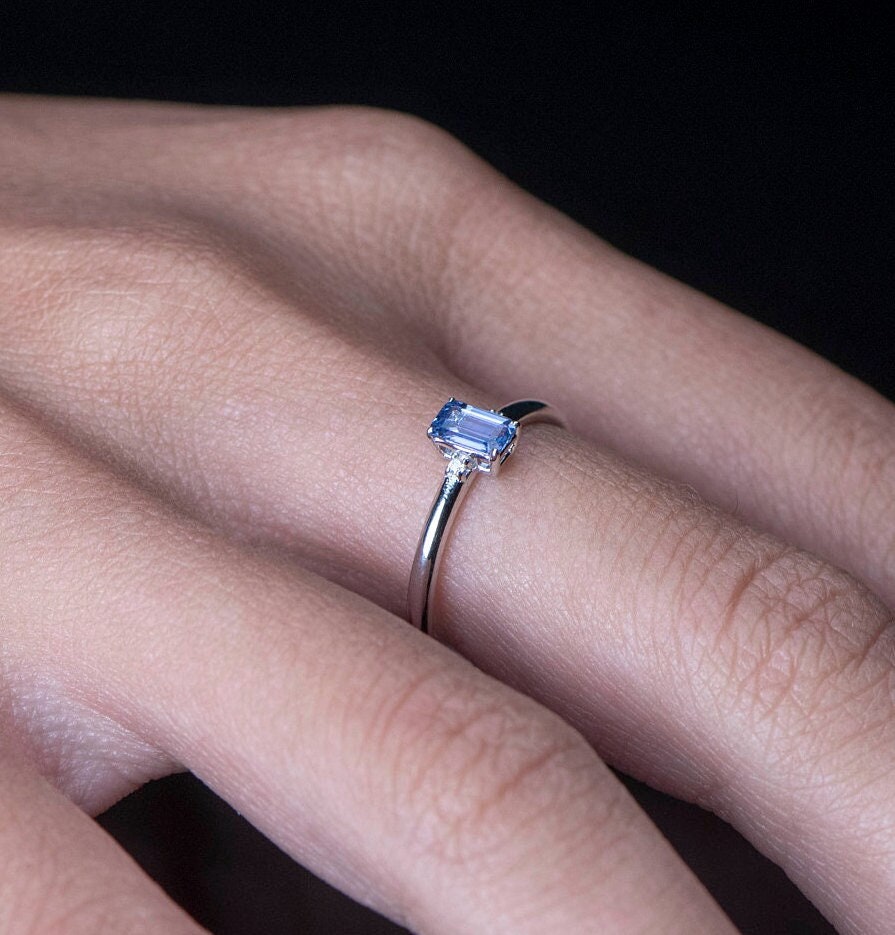 Emerald Cut Blue Sapphire and Diamond Ring – 14K White Gold Dainty Band | Handmade Minimalist Gift for Mother’s Day