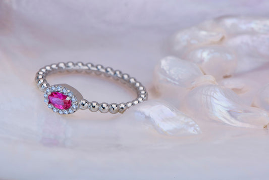 Oval Cut Pink Gemstone Halo Ring – 14K White Gold Beaded Band with Diamonds | Handmade Elegant Mother’s Day Gift