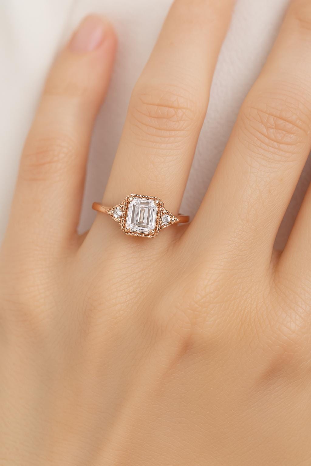 Emerald Cut Moissanite Ring – 14K Rose Gold, Vintage Style, GIA Certified, Conflict-Free Diamonds, Handmade Ring