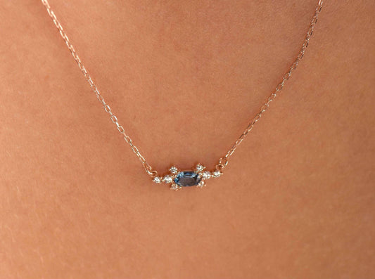 14K Rose Gold London Blue Topaz and Diamond Cluster Necklace - Oval Cut Gemstone Pendant for Her