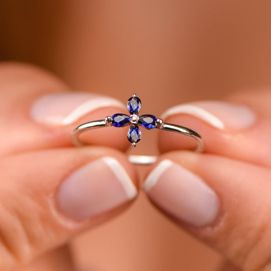 Dainty Sapphire Flower Ring in 14k 8k Gold, Teardrop Cut Blue Gemstone, Delicate Floral Fine Jewelry