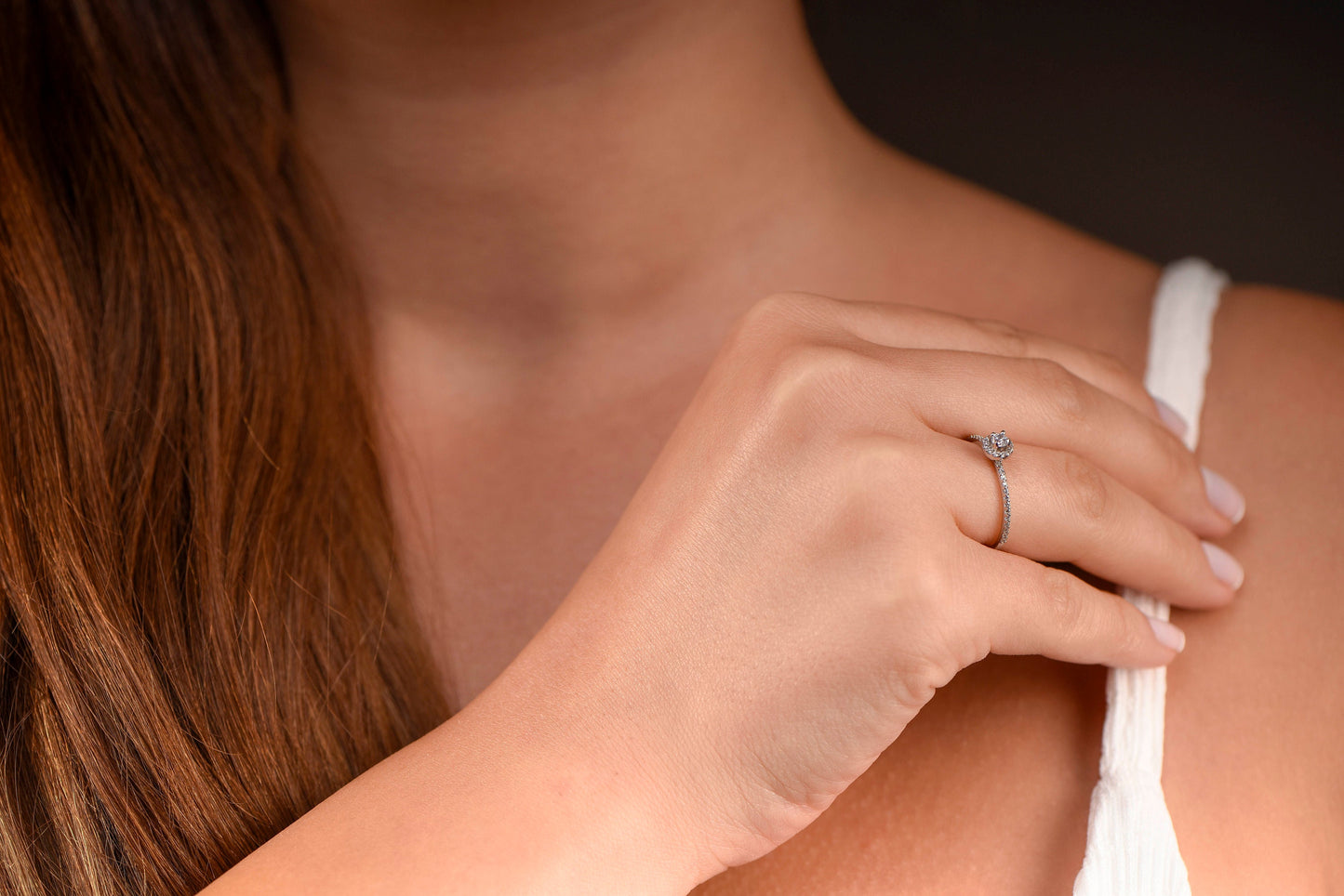 14K Gold Mini Halo Diamond Ring, Round Cut Center with Halo and Pavé Band, Elegant Engagement or Gift Ring