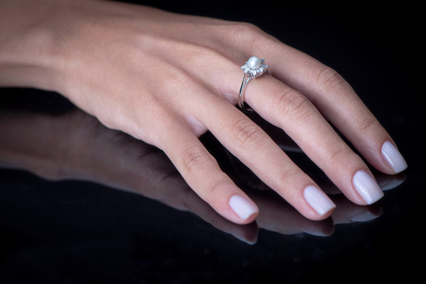 14K Gold Pearl and Diamond Ring with Baguette and Round Cut Stones, Elegant Anniversary or Engagement Ring