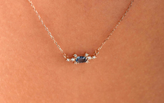 14K Rose Gold Natural Sapphire Necklace with Diamonds - Minimalist Elegant Gift for Her
