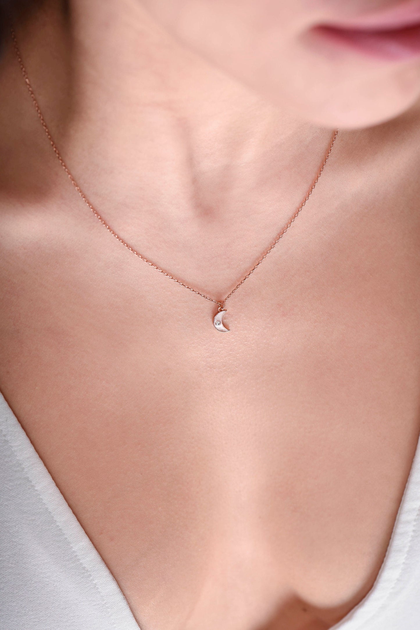 Moon Necklace,Tiny Solid Gold Moon Necklace with Shimmering Diamonds and Enamel Accent,Dainty Crescent Necklace,Christmas Gift Necklace