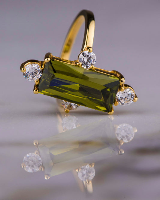 Statement Baguette Peridot and Diamond Ring in 14k Gold – Modern Vintage Engagement or Mother’s Day Gift