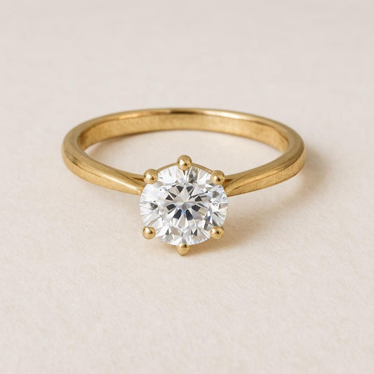 Round Moissanite Solitaire Engagement Ring – 1.00ct, 14K Yellow Gold, Handmade Classic Ring, GIA Certified Stone