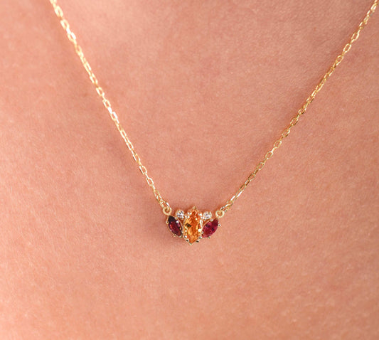 14K Yellow Gold Citrine and Garnet Necklace with Diamonds - Marquise Cut Gemstone Pendant for Her
