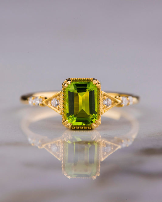 Emerald Cut Peridot and Diamond Ring in 14k Gold – Vintage Engagement or Mother’s Day Gift