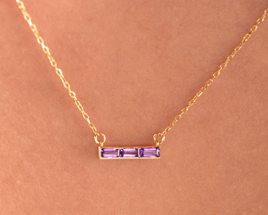 14K Yellow Gold Baguette Amethyst Bar Necklace - Dainty Purple Gemstone Pendant for Her