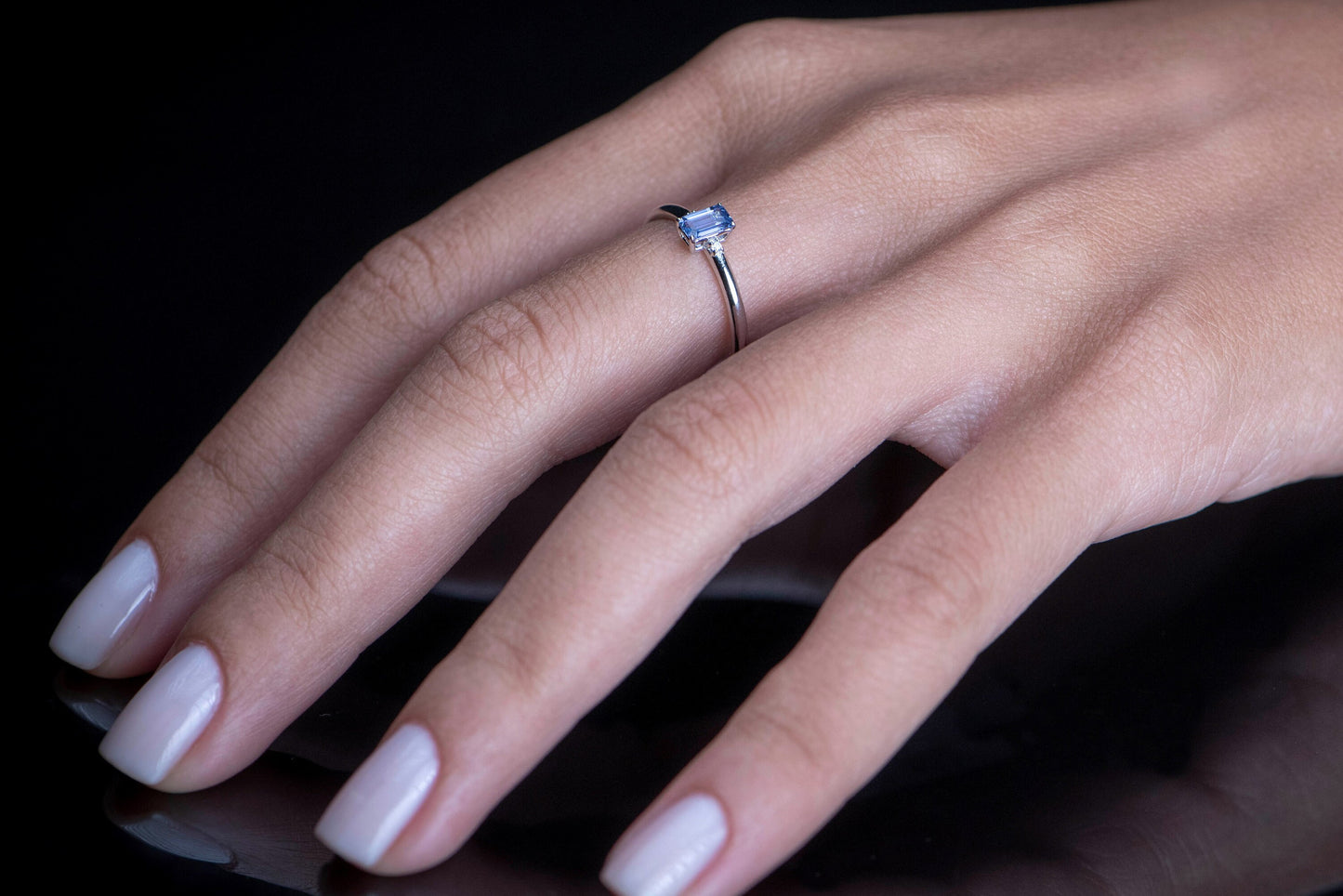 Emerald Cut Blue Sapphire and Diamond Ring – 14K White Gold Dainty Band | Handmade Minimalist Gift for Mother’s Day