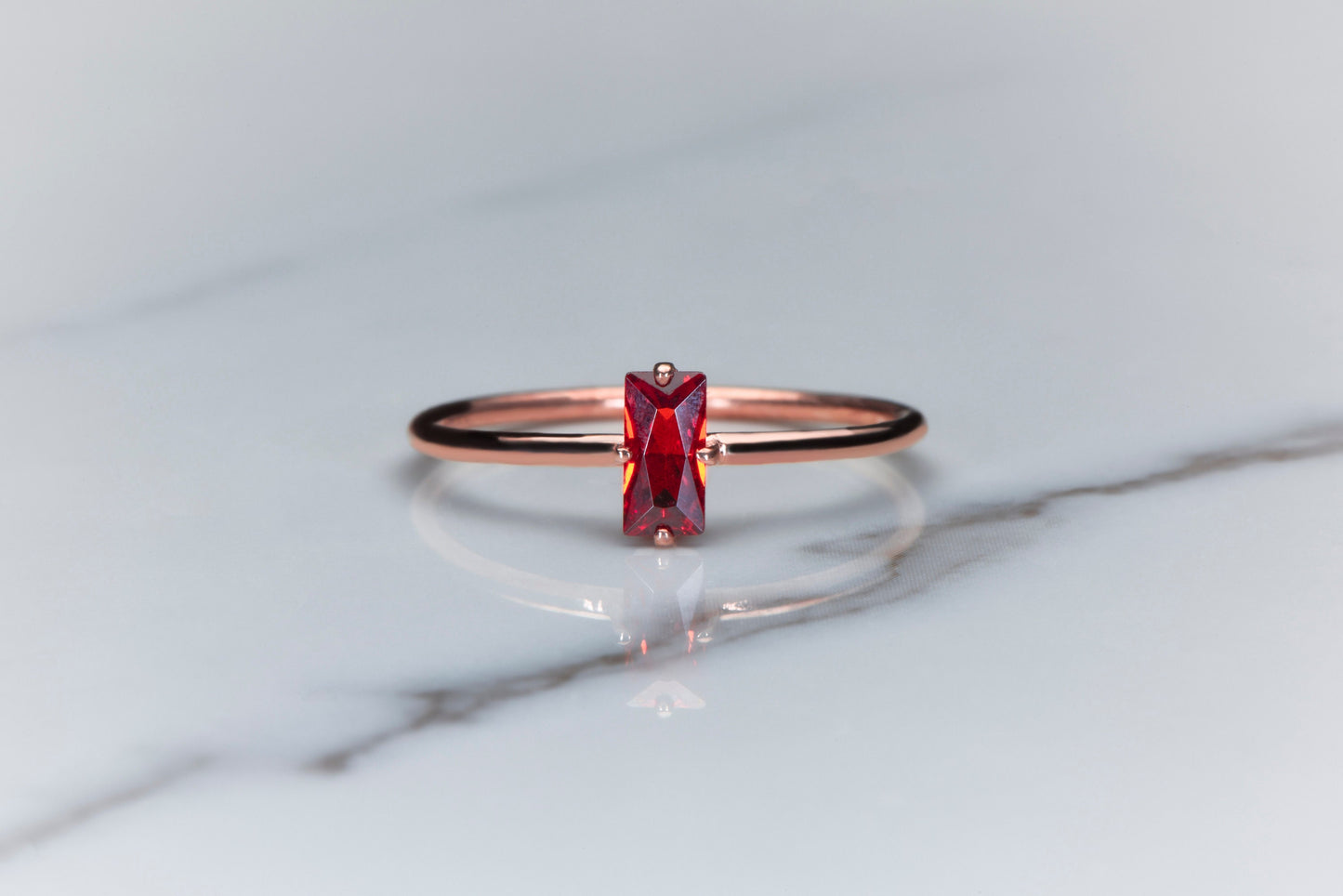 Minimalist Garnet Birthstone Ring in Rose White or Yellow Gold | Baguette Cut Garnet Ring | 8K 14K 18K Solid Gold Thin Band