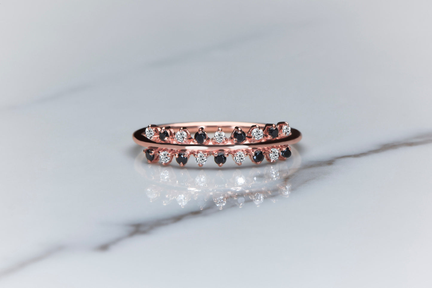 14K Solid Gold Black and White Diamond Half Eternity Ring – Dainty Stacking Ring