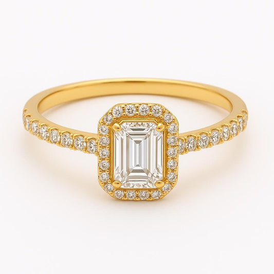 Emerald Cut Moissanite Halo Ring – 14K Yellow Gold, GIA Certified Stones, Handmade Engagement or Gift Ring