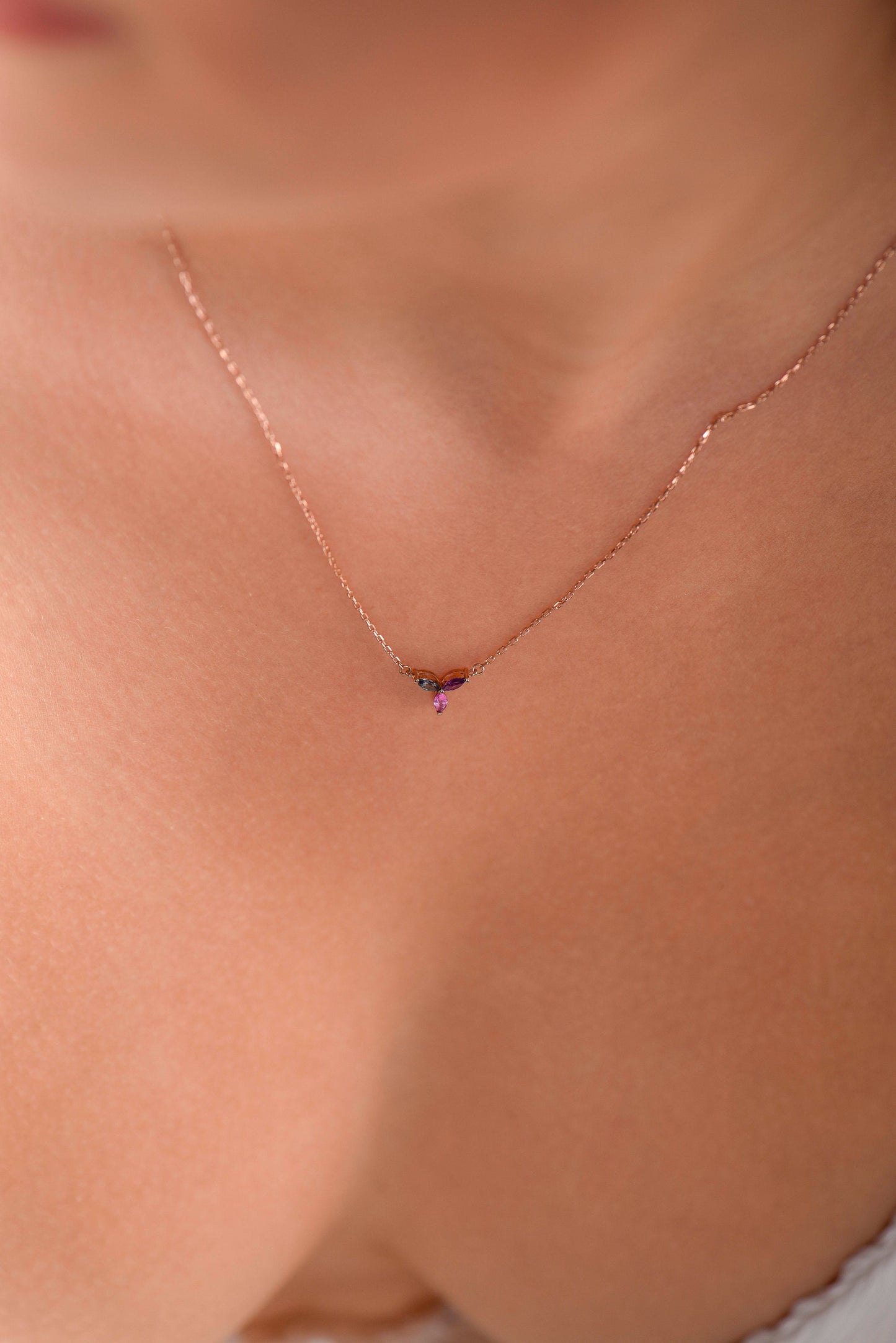 14K Gold Aquamarine, Amethyst and Pink Tourmaline Necklace - Colorful Marquise Gemstone Pendant Gift for Her