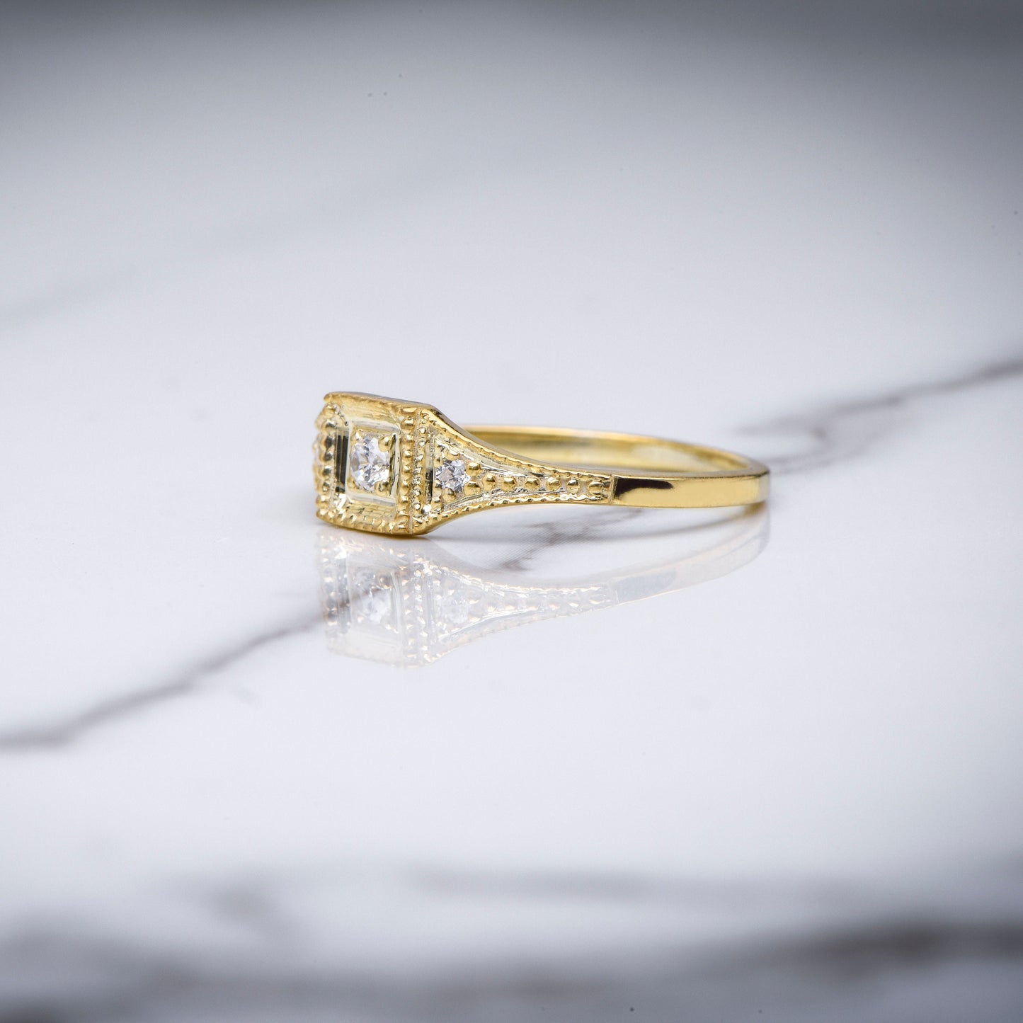 Vintage Style Diamond Engagement Ring in 14K Gold, Square Bezel Set Ring with Accent Stones, Elegant Thin Band Ring