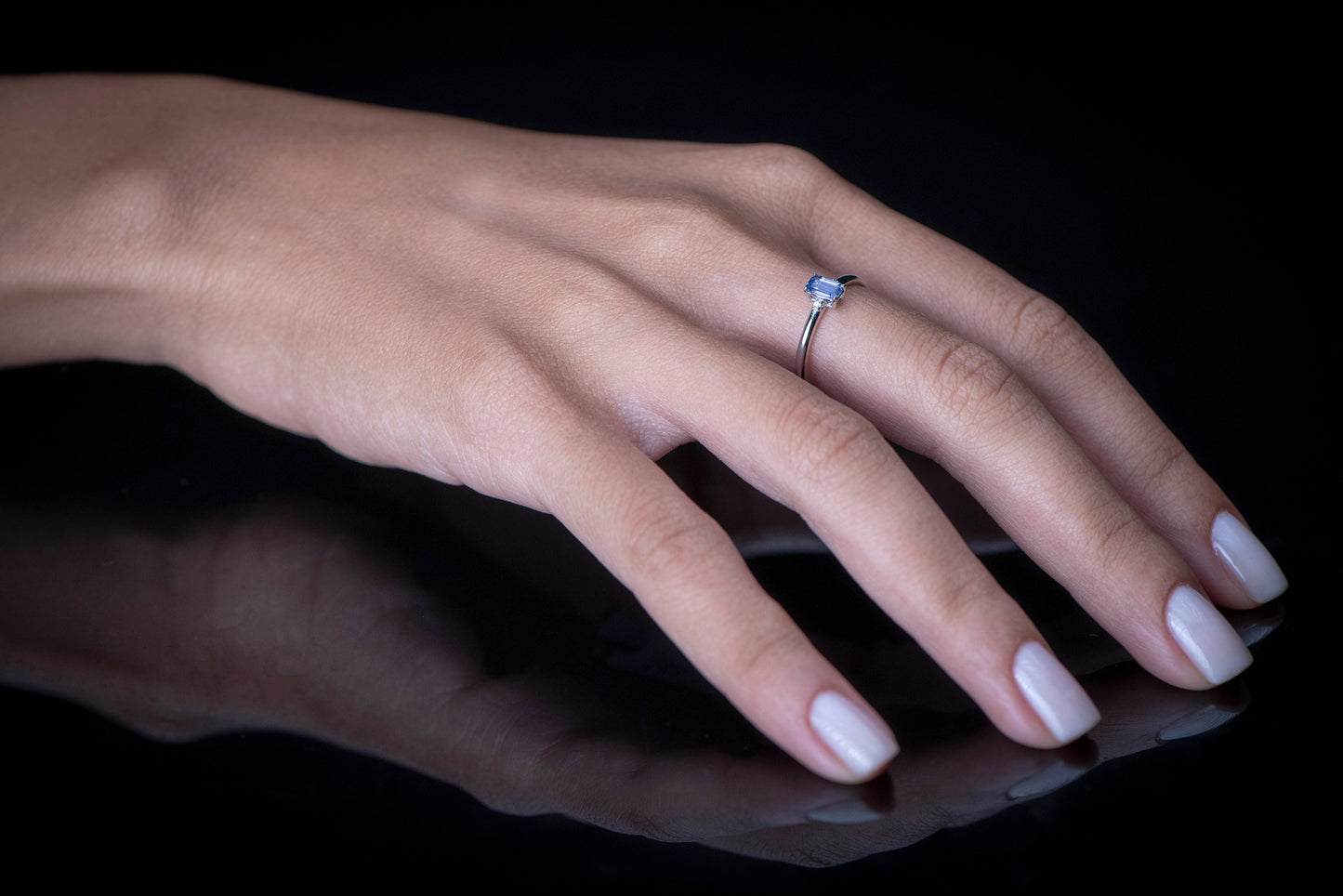 Emerald Cut Blue Sapphire and Diamond Ring – 14K White Gold Dainty Band | Handmade Minimalist Gift for Mother’s Day