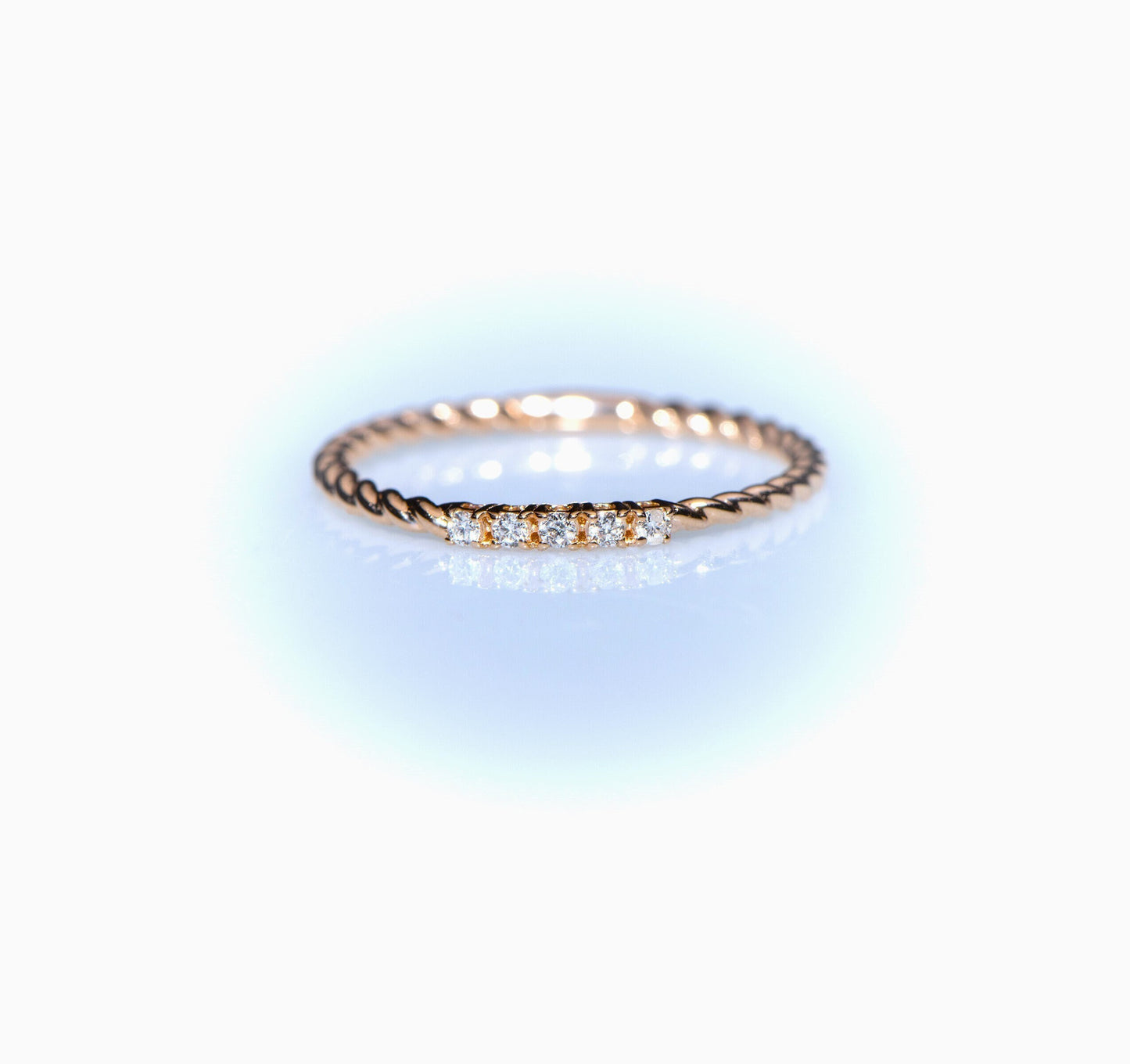 14K Rose Gold Twisted Band Diamond Ring, Dainty Stackable Ring with Round Cut Diamonds, Minimal Fine Jewelry