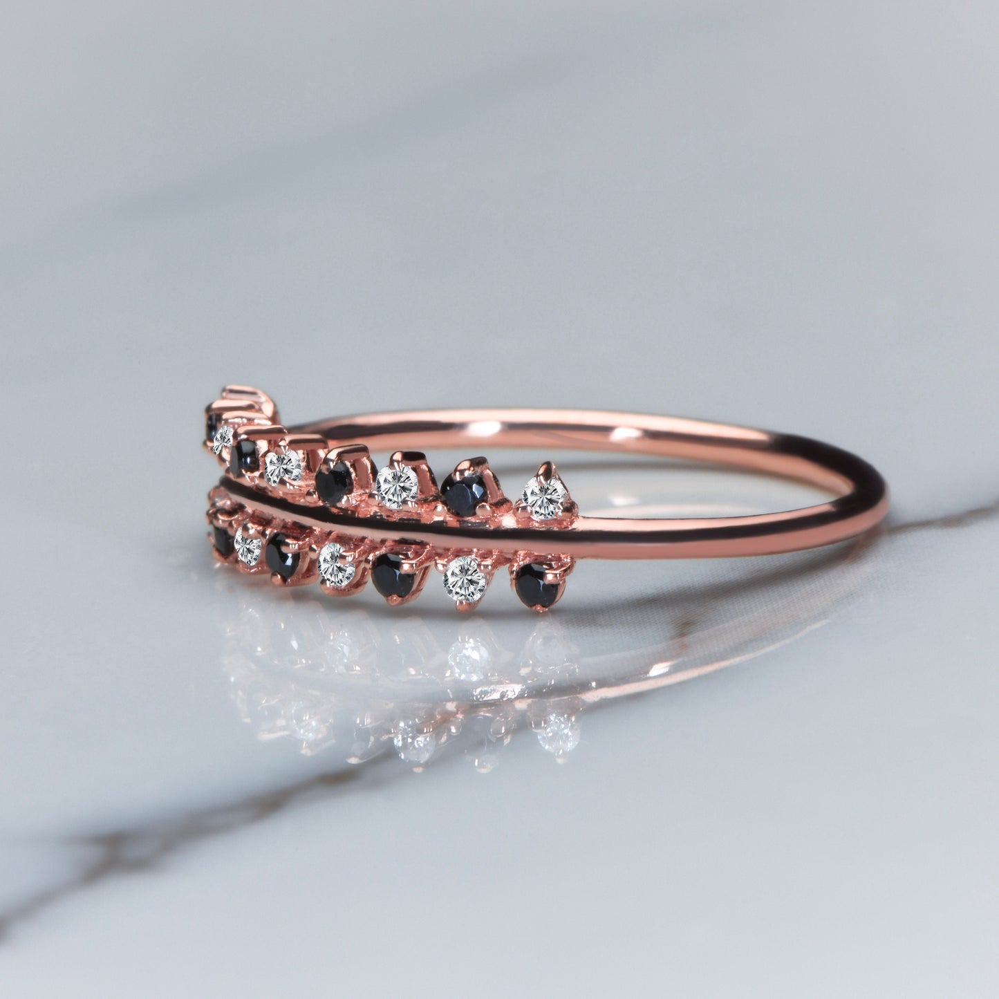 14K Solid Gold Black and White Diamond Half Eternity Ring – Dainty Stacking Ring
