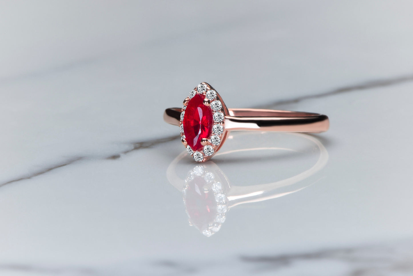 Marquise Ruby and Diamond Halo Ring in 14k Rose Gold – Romantic Vintage Engagement or Gift for Her