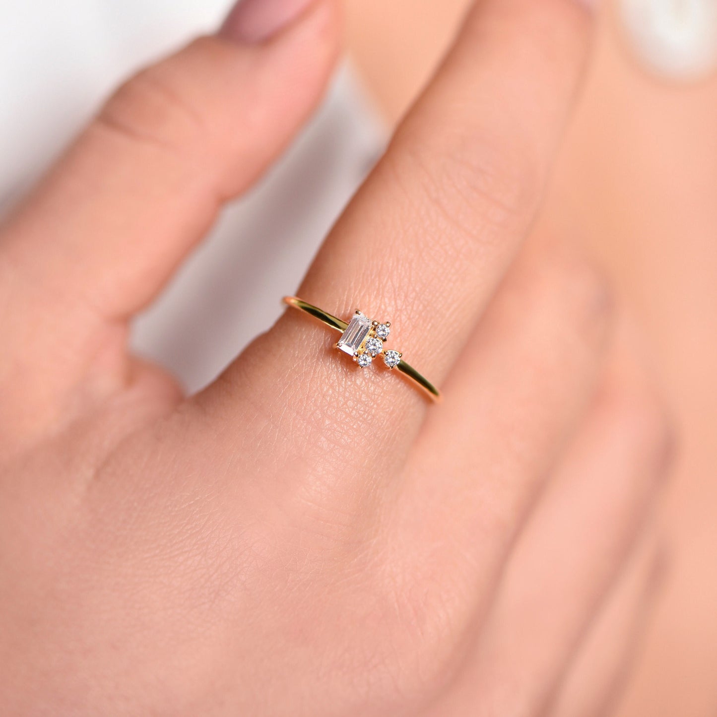 14K Gold Diamond Ring with Baguette and Round Cut Stones, Minimalist Thin Band Engagement Ring, Dainty Fine Jewelry for Her