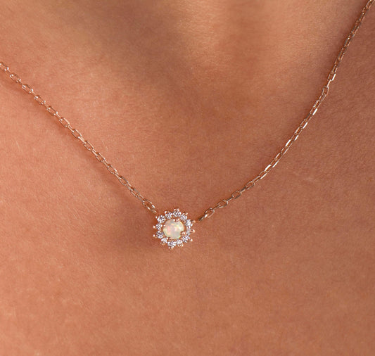 14K Rose Gold Opal and Diamond Halo Necklace - Dainty October Birthstone Pendant Gift for Her