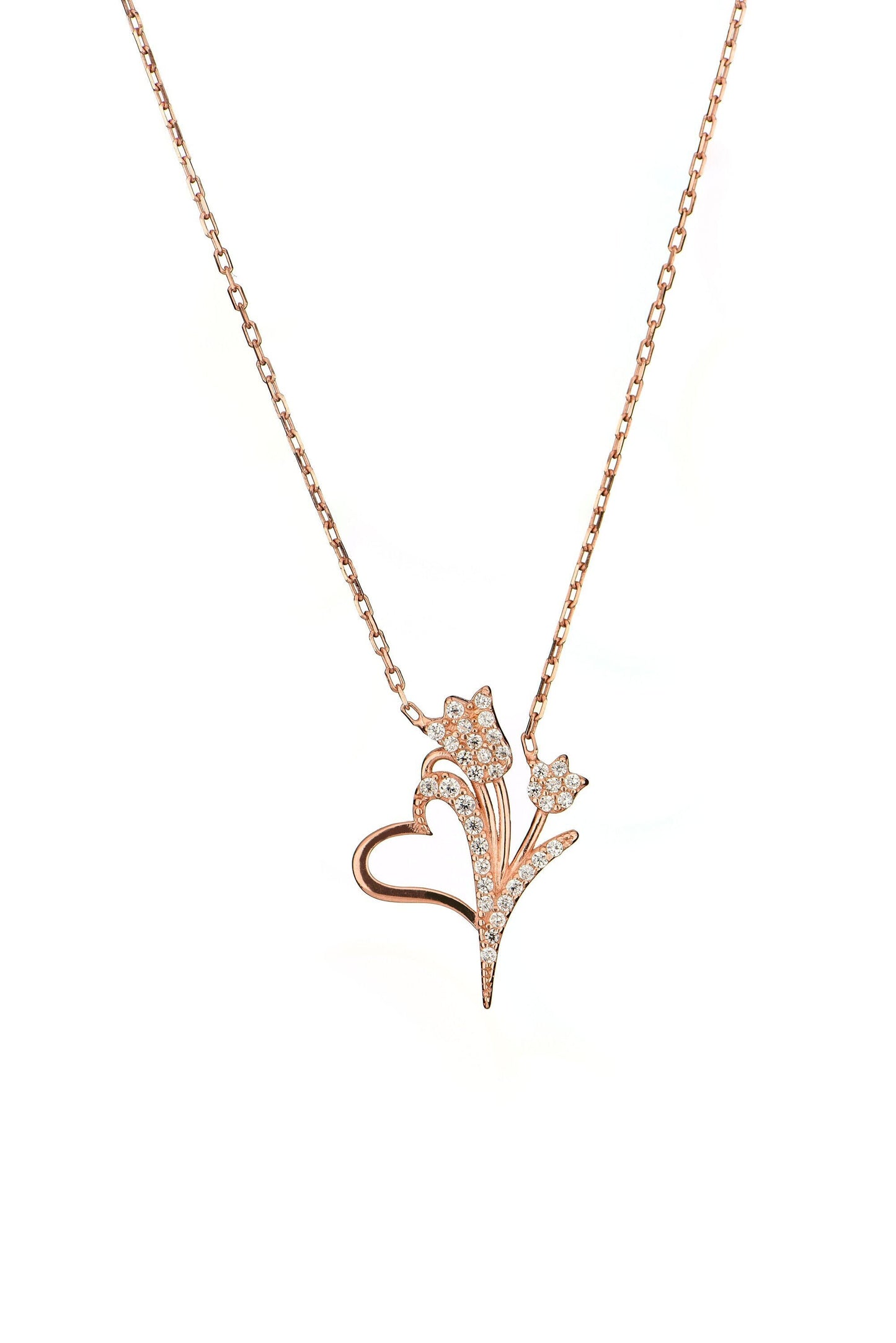 Handcrafted Rose Gold Heart Flower Necklace with Sparkling Diamonds - Stunning Statement Piece-Christmas Gift Necklace-X-mas Gift Necklace