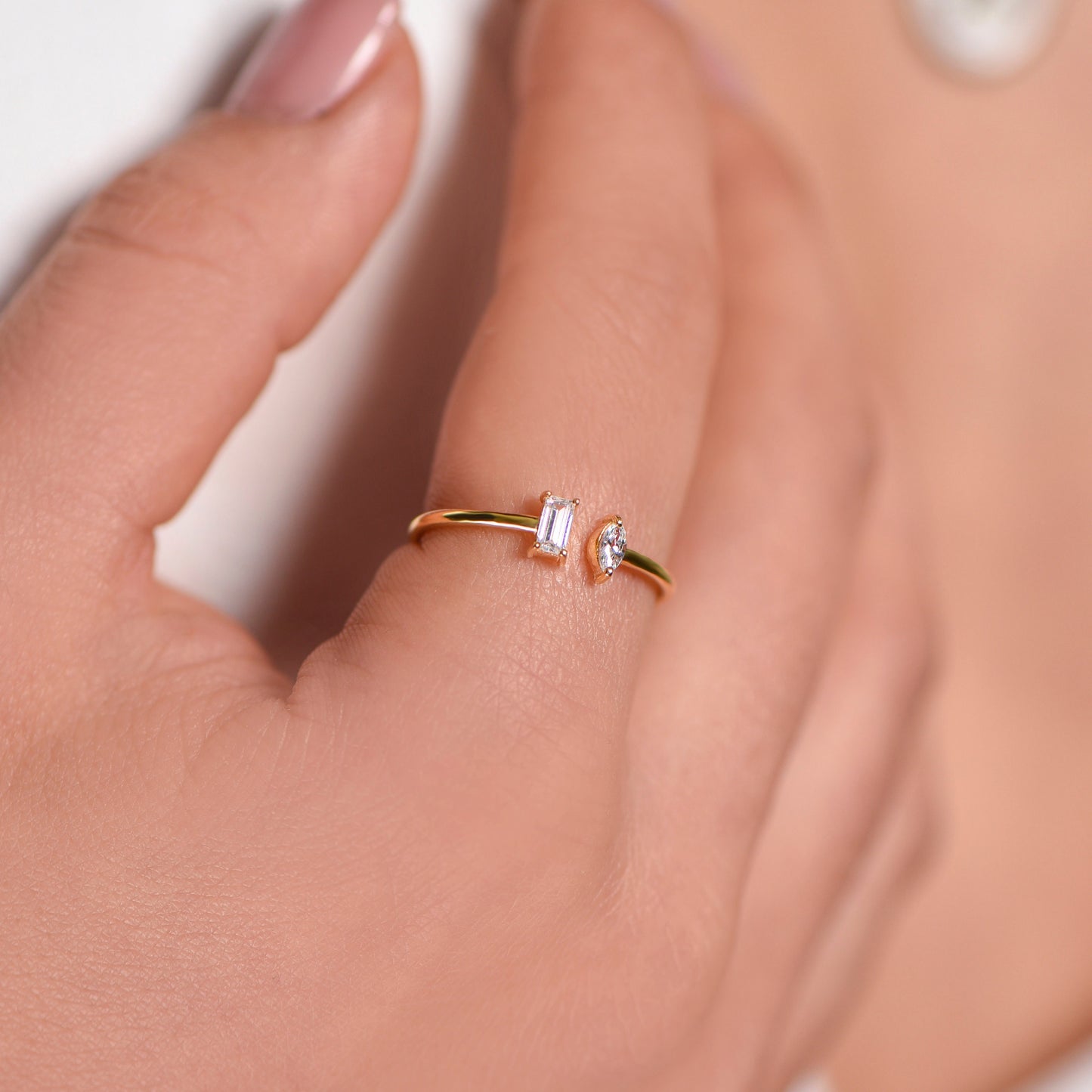 14K Solid Gold Open Ring with Marquise & Baguette Diamond – Minimalist Statement Ring