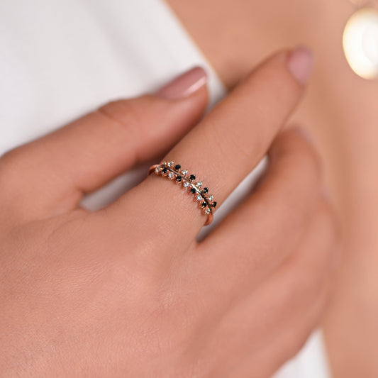 14K Solid Gold Black and White Diamond Half Eternity Ring – Dainty Stacking Ring