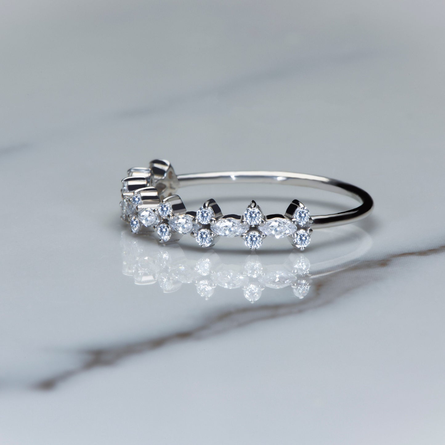 Solid Gold Marquise and Round Diamond Ring, Elegant Marquise and Round Diamond Ring with Thin Band, Gift For Mom