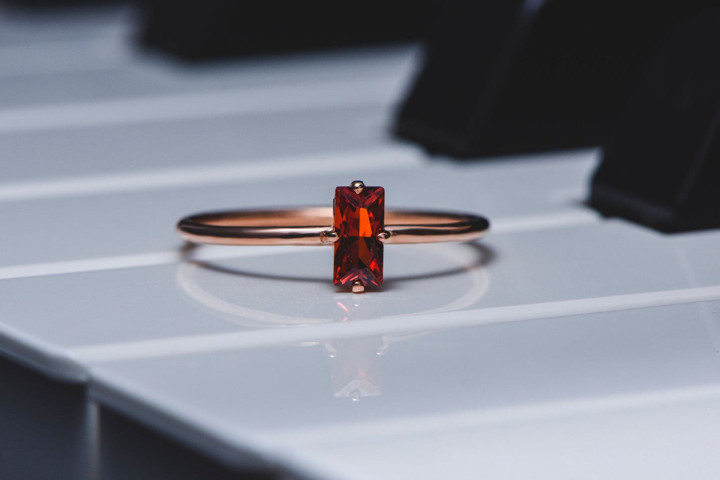 Minimalist Garnet Birthstone Ring in Rose White or Yellow Gold | Baguette Cut Garnet Ring | 8K 14K 18K Solid Gold Thin Band