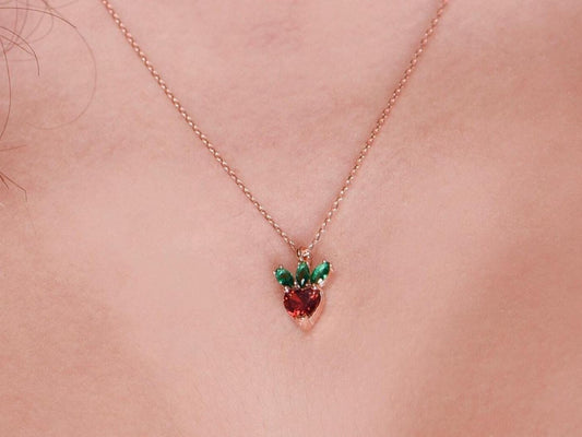 14K Gold Strawberry Pendant Necklace - Heart Cut Garnet and Emerald Marquise Gemstones, Cute Fine Jewelry Gift