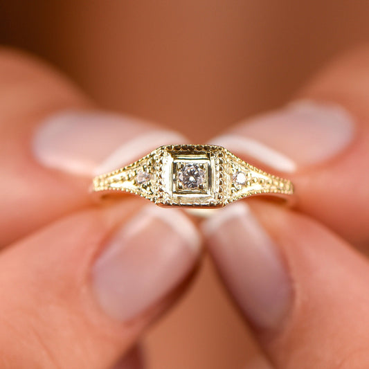 Vintage Style Diamond Engagement Ring in 14K Gold, Square Bezel Set Ring with Accent Stones, Elegant Thin Band Ring