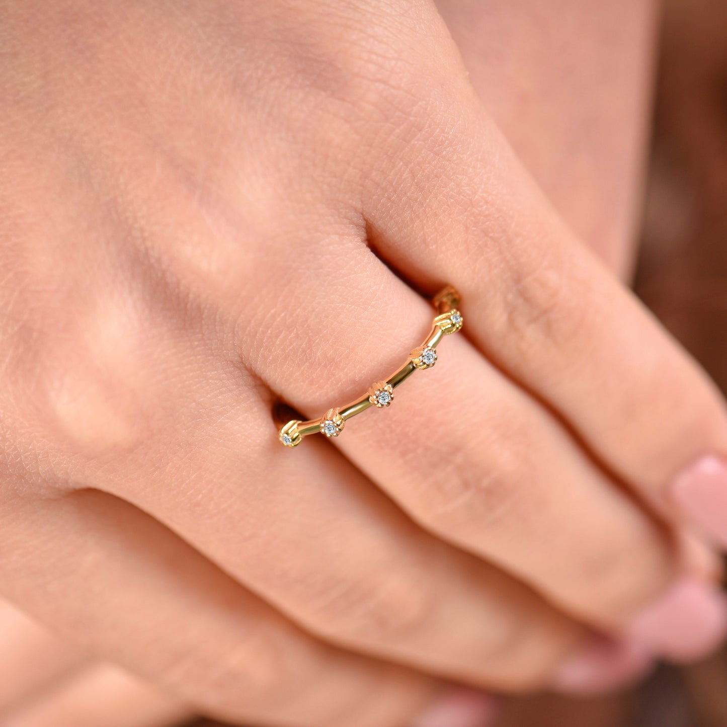 14K Solid Gold Minimal 6 Stone Ring, Gold Cluster Ring, Minimal Diamond Gold Ring, Customizable Gold Diamond Ring, Gift For Mom