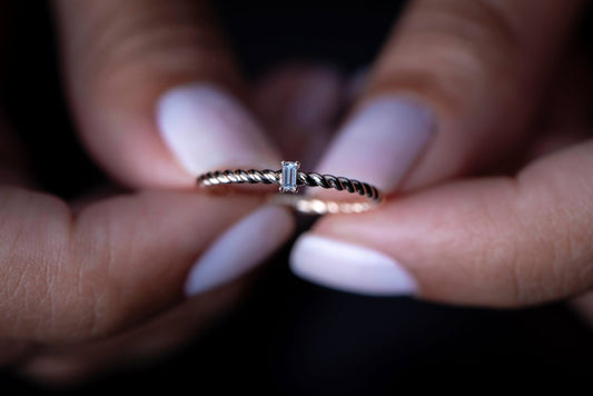 14k Gold Twisted Diamond Ring – Minimalist Baguette Cut Stackable Band for Everyday or Gift