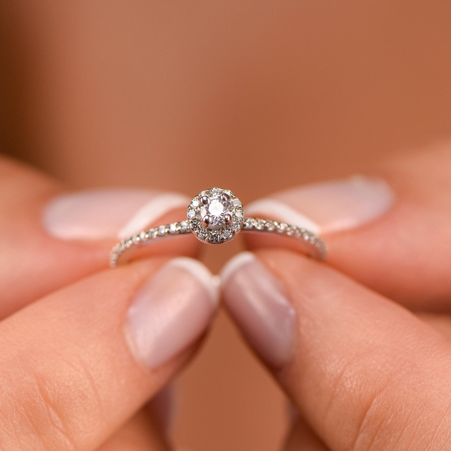 14K Gold Mini Halo Diamond Ring, Round Cut Center with Halo and Pavé Band, Elegant Engagement or Gift Ring