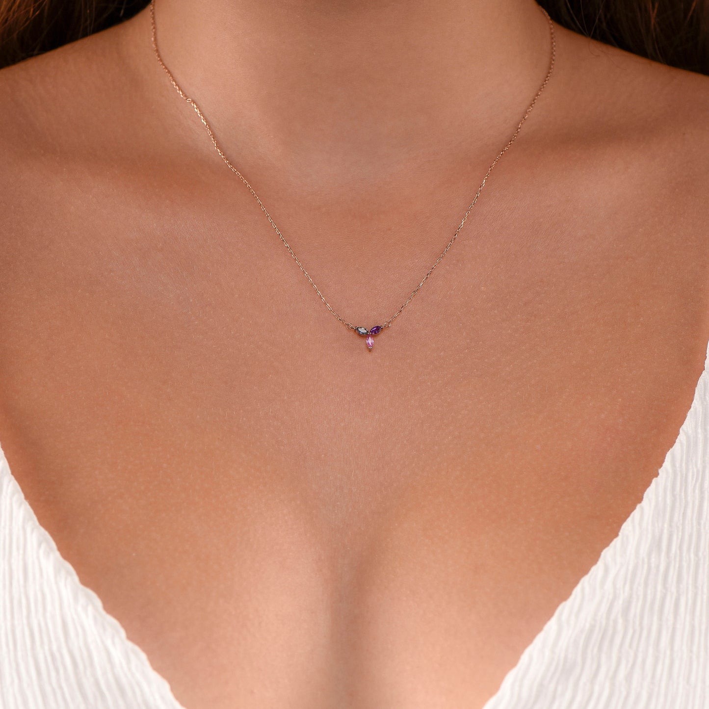 14K Gold Aquamarine, Amethyst and Pink Tourmaline Necklace - Colorful Marquise Gemstone Pendant Gift for Her