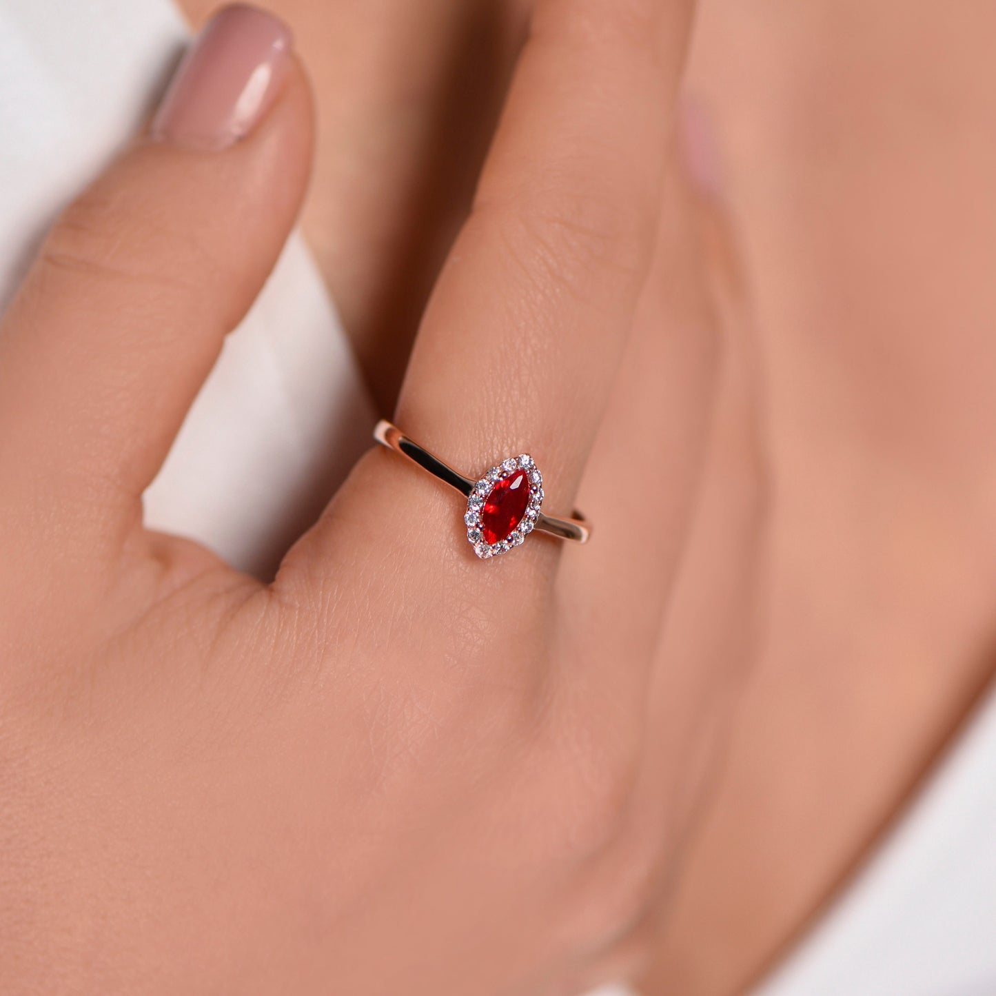 Marquise Ruby and Diamond Halo Ring in 14k Rose Gold – Romantic Vintage Engagement or Gift for Her