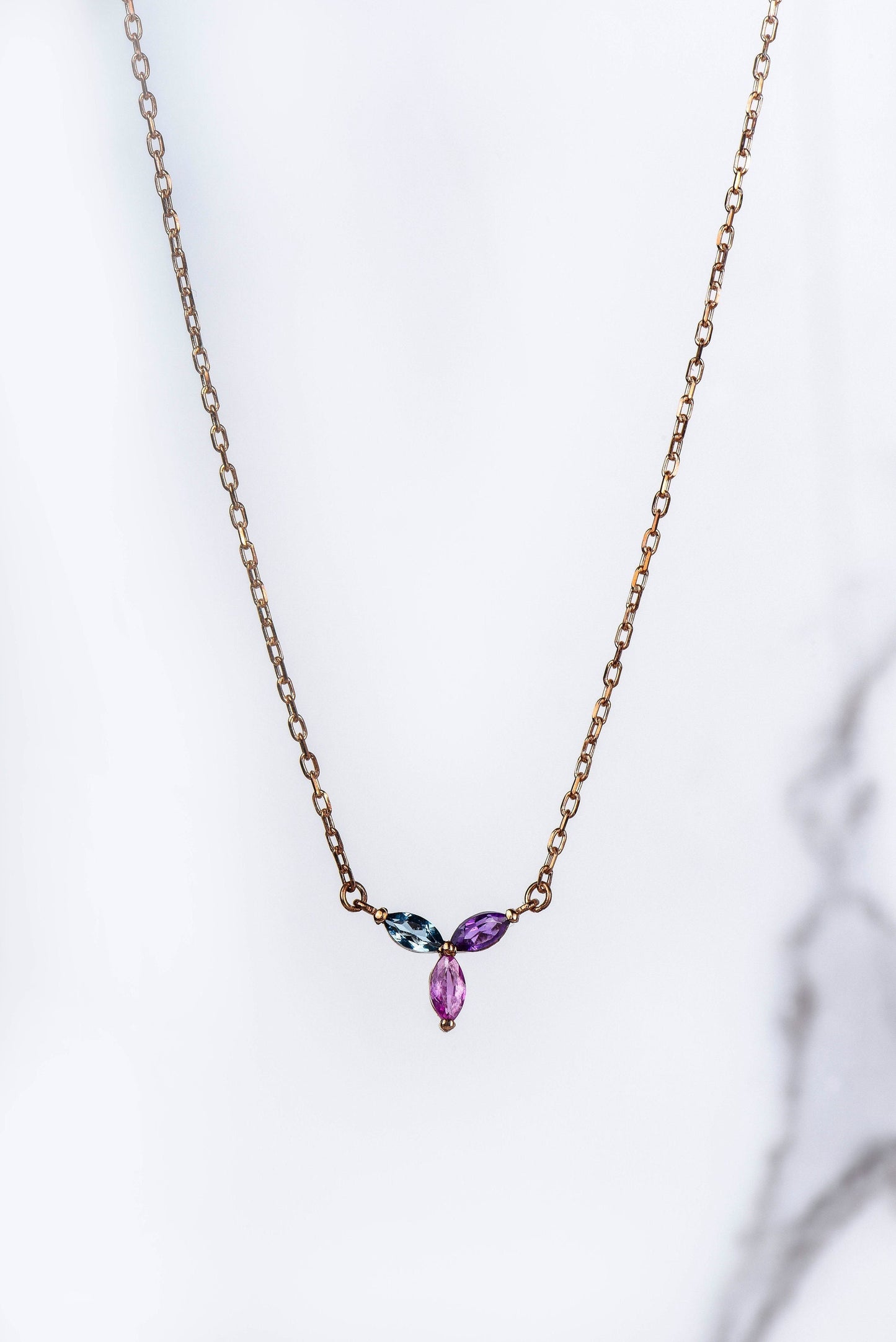 14K Gold Aquamarine, Amethyst and Pink Tourmaline Necklace - Colorful Marquise Gemstone Pendant Gift for Her