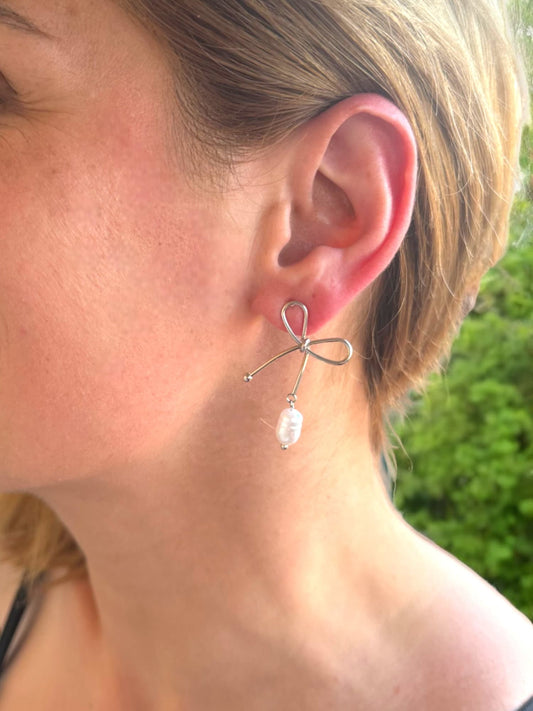 Ribbon Pearl Earrings, Solid Gold Ribbon Pearl Earrings, Pendant Pearl Earrings, Bridal Gift Ribbon Pearl Earrings, Christmas Gift Earrings
