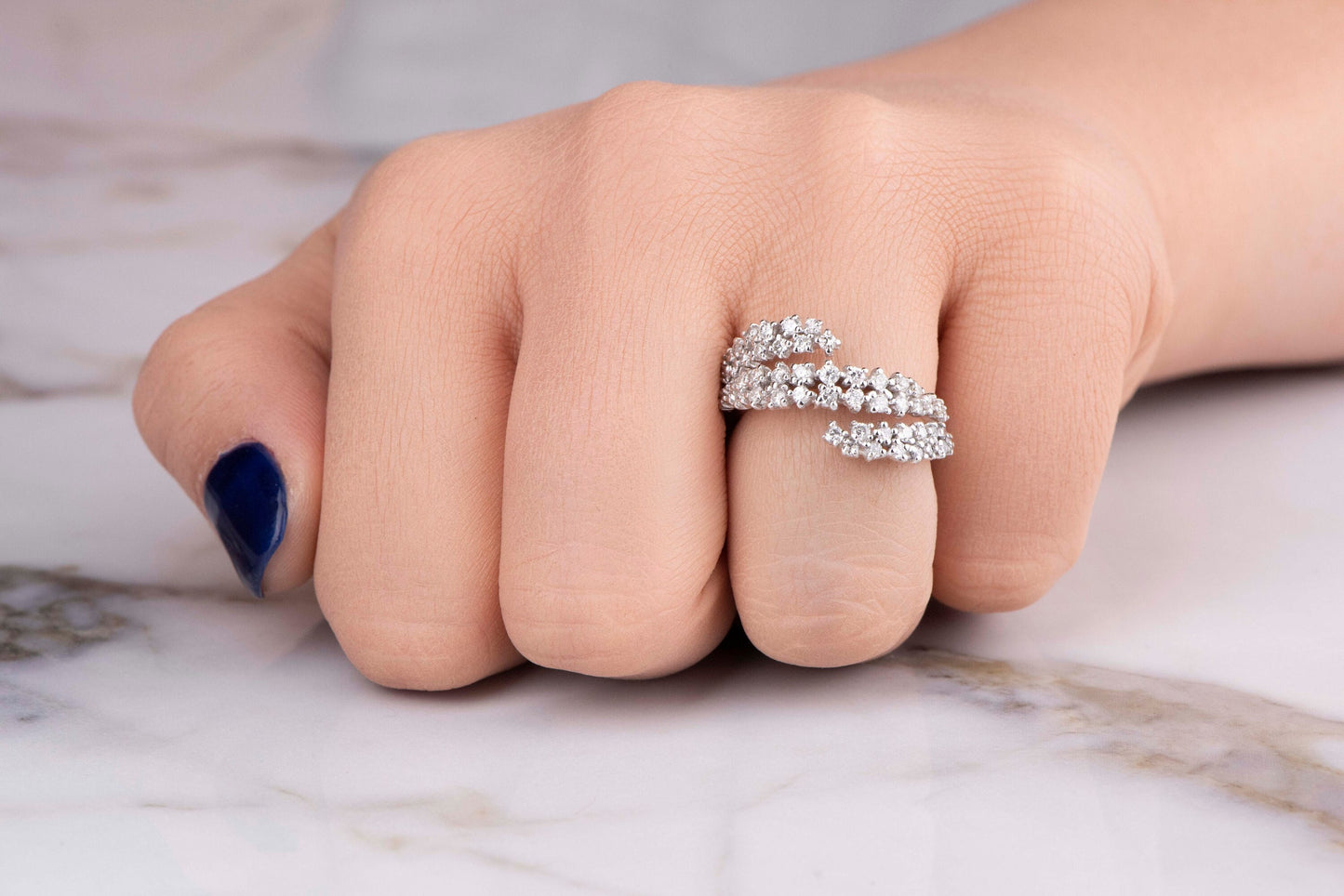 18K White Gold Natural Diamond Cluster Wrap Ring - Luxury Statement Wedding Anniversary Engagement Jewelry