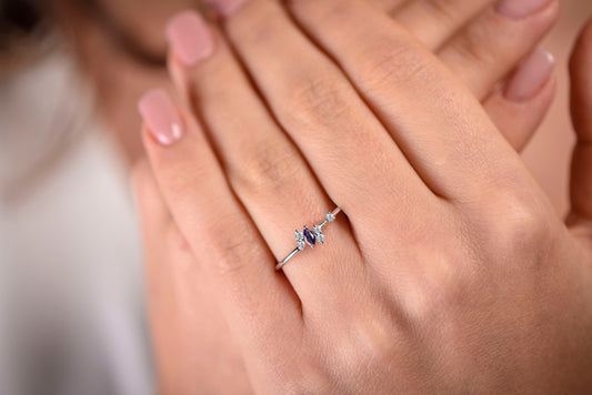 Marquise Sapphire Ring – 14K White Gold | Diamond Accent Band | Minimalist Birthstone Ring | Mother’s Day Gift