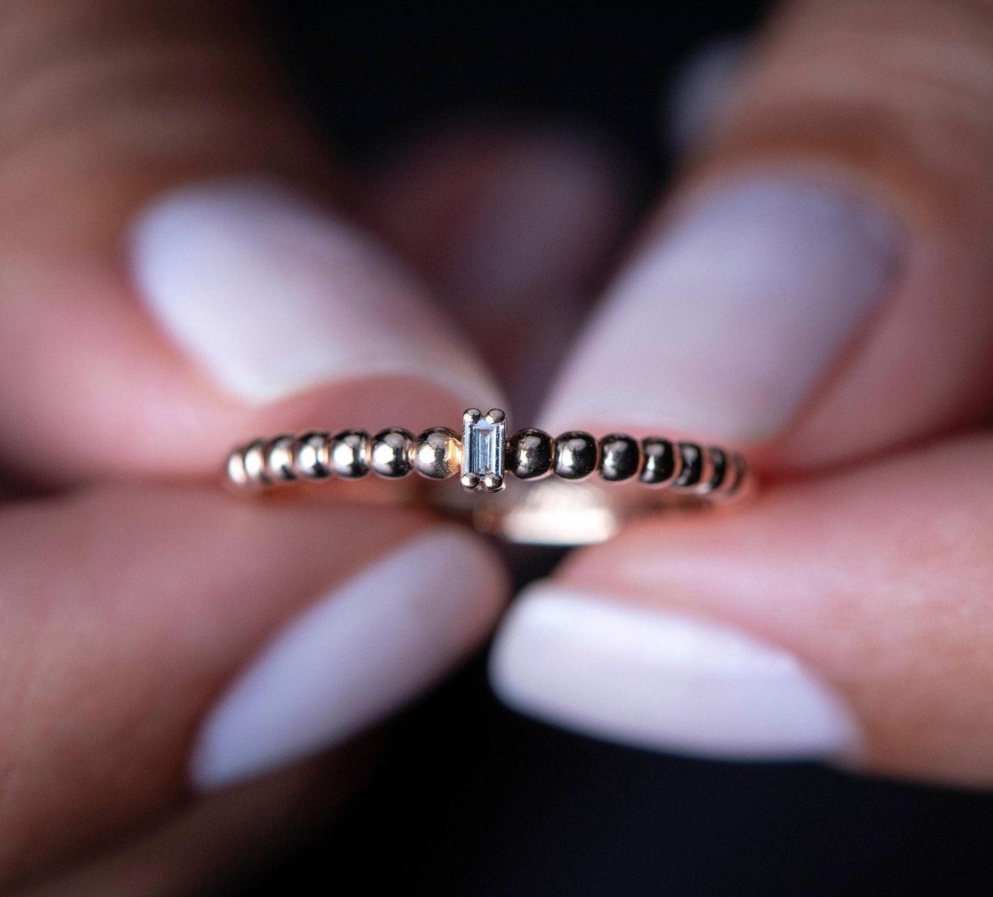 14k Gold Beaded Baguette Diamond Ring – Minimalist Stackable Band for Everyday Elegance