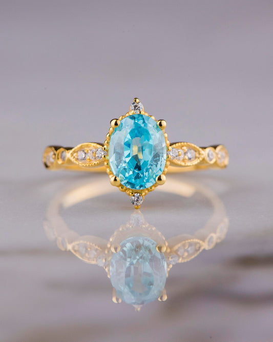 Oval Aquamarine and Diamond Ring in 14k Gold – Vintage Style Engagement or Mother’s Day Ring for Her