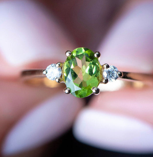 Oval Peridot and Diamond Ring in 14k Gold – August Birthstone Engagement or Gift Ring