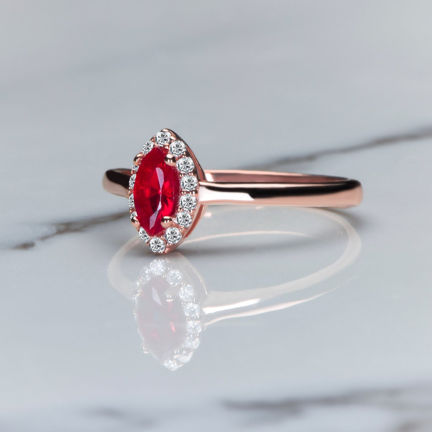 Marquise Ruby and Diamond Halo Ring in 14k Rose Gold – Romantic Vintage Engagement or Gift for Her