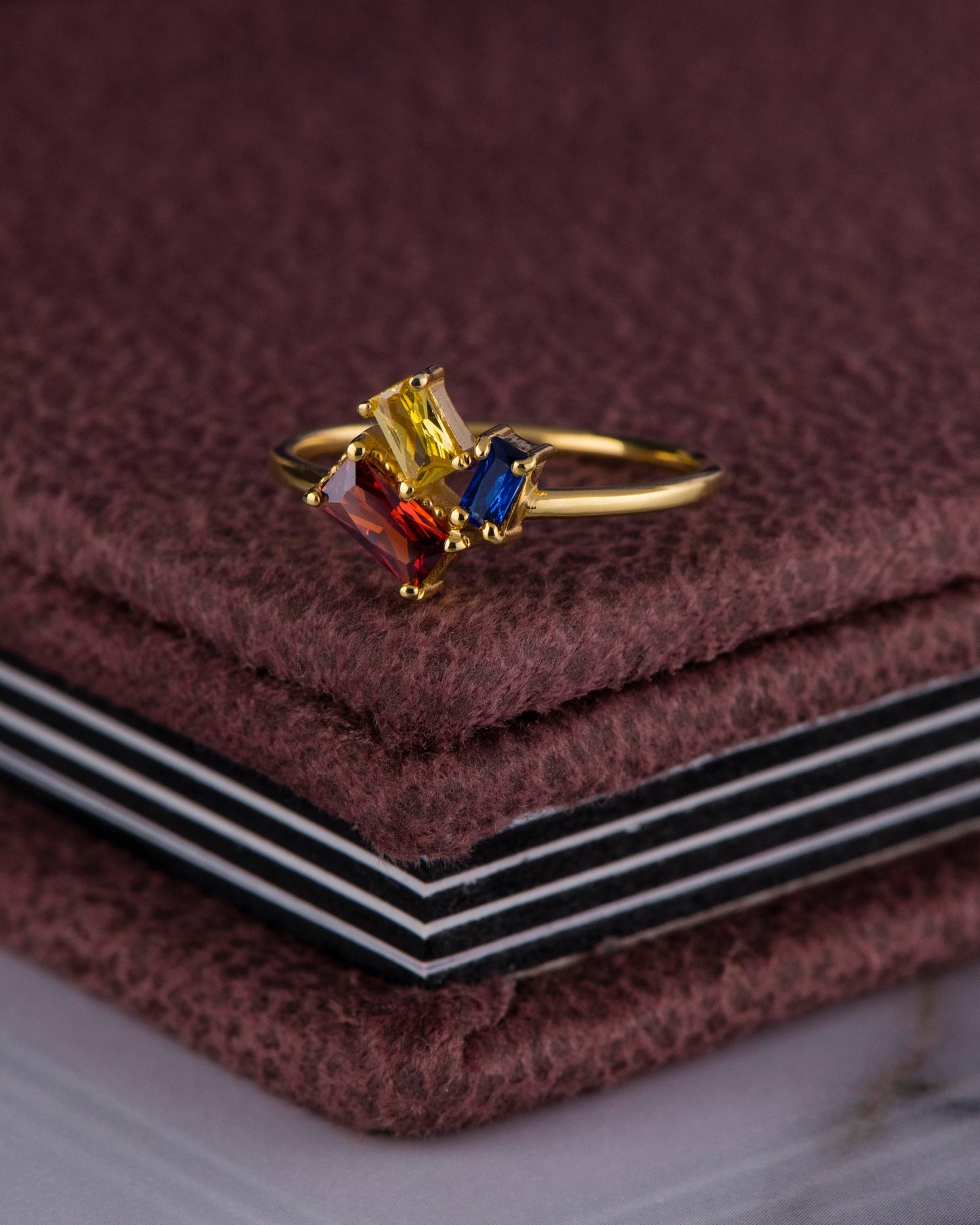 Natural Garnet Citrine and Sapphire Ring in 14k Solid Gold – Baguette Cut Birthstone Trio Gemstone Ring for Mother’s Day Gift