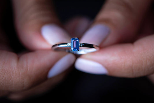 Emerald Cut Blue Sapphire and Diamond Ring – 14K White Gold Dainty Band | Handmade Minimalist Gift for Mother’s Day